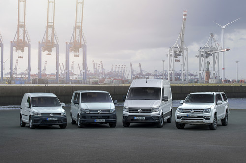 Leichte Nutzfahrzeuge von Volkswagen (v.l.): Caddy, Transporter, Crafter und Amarok.