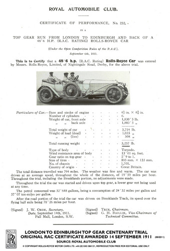 London to Edinburgh Top Gear Centenary Trial: Das Original-Zertifikat vom 14. September 1911.