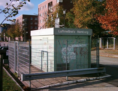 Luftmessstelle in Hamburg am Straßenrand.