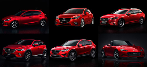 Mazda-Modelle in Rubinrot Metallic.