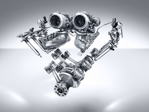 Mercedes-AMG GT: AMG V8-Zylinder-Benzinmotor mit Biturboaufladung, , Baureihe M178, V-Anordnung, beide Turbolader im 90-Grad-V der Zylinder,  Kolben, Kurbelwelle.