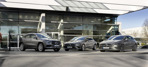 Mercedes-Benz GLA 250 e, CLA 250 e und CLA 250 e Shooting Brake (von links).