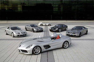 Mercedes-Benz SLR McLaren Stirling Moss (vorne), 300 SLR (hinten), SLR Coupé, SLR 722 Edition, SLR Roadster und SLR Roadster 722 S.

