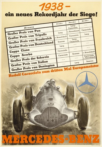 Mercedes-Benz Werbeplakat „1938 - ein neues Rekordjahr der Siege! Rudolf Caracciola zum dritten Mal Europameister“.