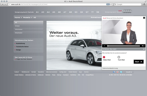 Mit dem Personal Online Assistant kann sich der Kunde auf der Website audi.de persönlich und individuell von einem Kundenberater rund um den neuen Audi A3 informieren und beraten lassen.