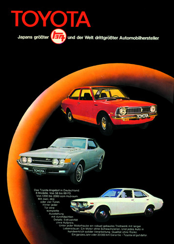 Mit drei Modellen startete Toyota 1971 in Deutschland: Corolla, Celica und Corona (von oben).