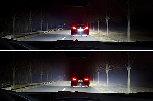 Mit herkömmlichem Abblendlicht (oben) kann der Fahrer des vorausfahrenden Fahrzeugs geblendet werden. Bei der neuen Matrix-Lichttechnik (unten) von Opel wird das Fernlicht stets blendfrei eingestellt.