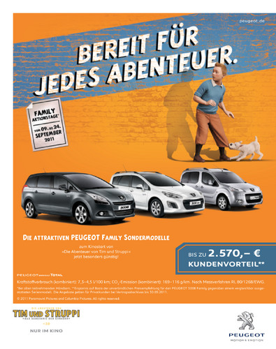 Peugeot-Kampagne mit Elementen aus „Tim und Struppi“.
