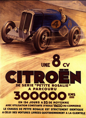 Plakat zur Rekordfahrt des Citroën 8CV („Petite Rosalie“) im Jahr 1933.