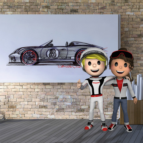 Porsche 4Kids: Die Maskottchen Tom Targa und Tina Turbo laden zu einer virtuellen Museumsführung ein.