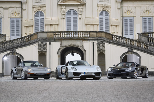 Porsche 959, 918 Spyder und Carrera GT (von links).
