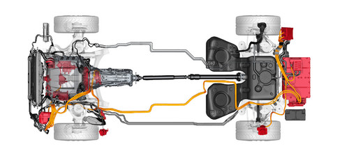 Porsche Panamera S E-Hybrid: Hinnten die Batterie und die Lademimik, vorn die Leistungfselektronik und der E-Motor. Die Hochvoll´tleistungen sind auch im Fahrzeug zur Warnung immer orange.