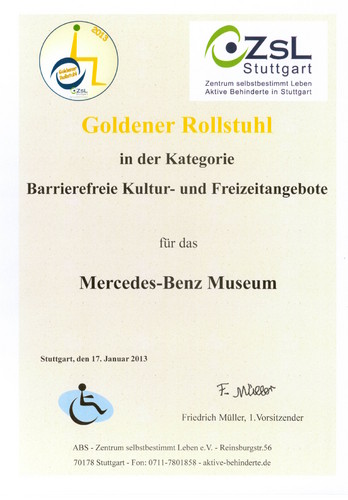 Preis für das Mercedes-Benz Museum: „Goldener Rollstuhl“ für Barrierefreiheit.
