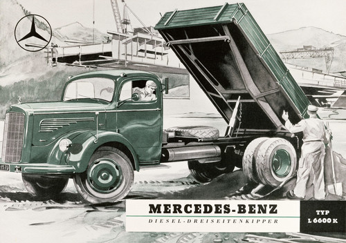 Prospektdeckblatt von 1951 für den Mercedes-Benz „Sechs-Sechser“ (L 6600), der nach einer Modellpflege in LAK 315 umbenannt wurde.