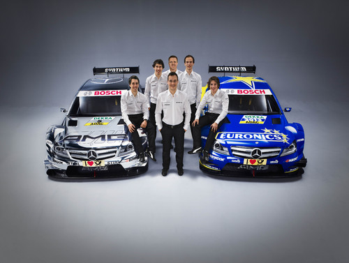 Ralf Schumacher, Gary Paffett, Christian Vietoris, Robert Wickens, Roberto Merhi und Daniel Juncadella mit dem DTM Mercedes AMG C-Coupé.