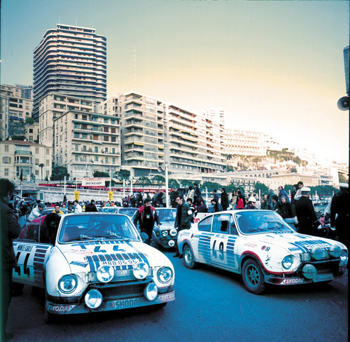 Rallye Monte Carlo 1977: Das Skoda-Werksteam belegte mit dem 130 RS den 1. und 2. Platz in der Klasse bis 1300 Kubikzentimeter.