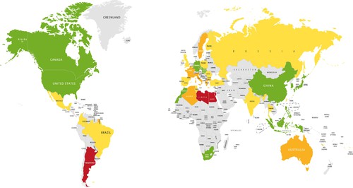 Risikomärkte auf der automobilen Weltkarte: Grün steht für geringes, Gelb für mittleres und Orange für erhebliches sowie Rot für hohes Risiko.