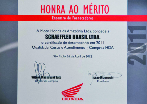 Schaeffler Brasil erhielt zum vierten Mal in Folge das „Moto Honda Certificate of Merit“.