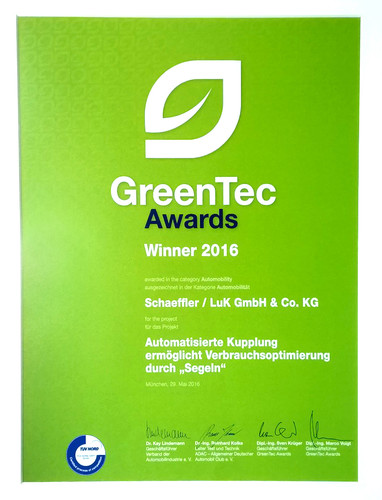 Schaeffler gewinnt den Greentec-Award 2016 in der Kategorie Automobilität für die elektrische Kupplung E-Clutch.