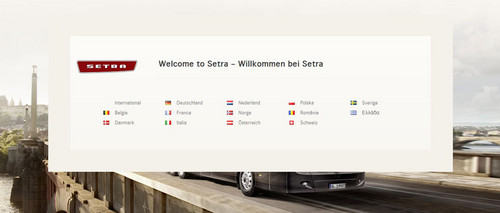 Screenshot des Setra-Internetauftritts mit den Verlinkungen zu den jeweiligen Länderversionen.