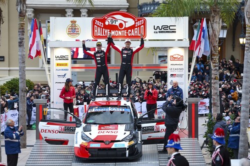 Sébastien Ogier und Vincdent Landias gewannen im Toyota GR Yaris Rally1 Hybrid die Rallye Monte-Carlo 2023.