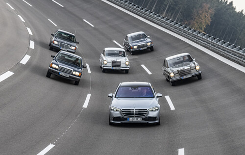 Sechs Modellgenerationen Mercedes-Benz S-Klasse.
