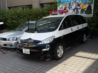 Tokio 2009: Polierte Polizeiwagen, geparkt mit hochgeklappten Scheibenwischern.