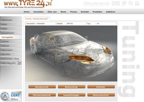 Tuning-Teileangebot von Tyre24: Nach Auswahl des Fahrzeugs am Konfigurator können sechs Produktkategorien ausgewählt werden.