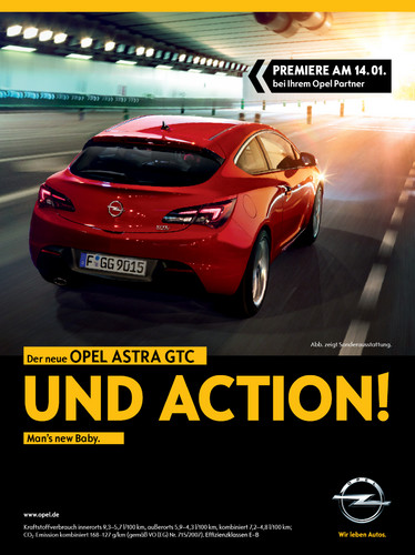 Umfangreiche Print- und Onlineanzeigen unterstützen den Marktstart des Opel Astra GTC.