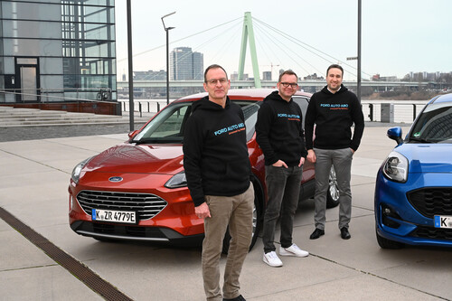 Vertriebsdirektor Stefan Wieber; Alexander Kaiser, Deputy-CEO Fleetpool Group und Fabio Krause, Geschäftsführer Ford-Partner Verband e.V., stellen das Auto-Abo von Ford vor.