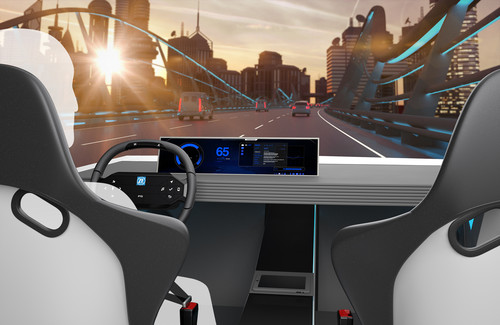 Vier Ansätze des ZF Concept Cockpit für das hochautomatisierte Fahren: Integriert sind ein spezielles Lenkrad unter anderem mit Hands on/Hands off Detection, ein Display mit fühlbarer Touchoberfläche, eine neuartige, hochpräzise Gesichts- und Emotionserkennung sowie aktiv agierende und kommunizierende Sicherheitsgurte.