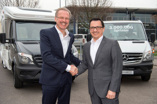 Volker Mornhinweg, Leiter Mercedes-Benz Vans, übergibt den dreimillionsten Sprinter an Hymer-Geschäftsführer Bernhard Kibler.