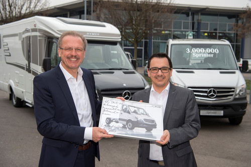 Volker Mornhinweg, Leiter Mercedes-Benz Vans, übergibt den dreimillionsten Sprinter an Hymer-Geschäftsführer Bernhard Kibler.