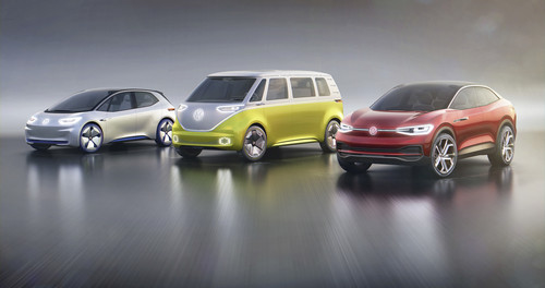 Volkswagen I.D., I.D. Buzz und I.D. Crozz (von links).