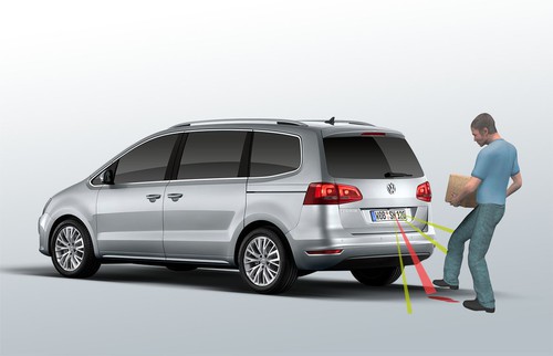 Volkswagen-Workshop zu Innovationen: Heckklappe öffnen ohne mit dem Fuß zu wedeln. Nähert sich der Fahrer mit dem Kessy-Schlüssel der Heckklappe, projiziert das System einen Fußabdruck auf die Fahrbahn, auf den der Fahrer treten muss, um die Klappe zu öffnen.