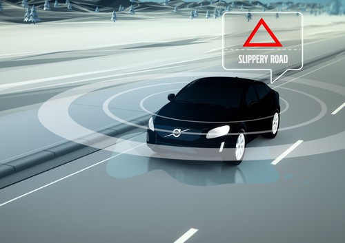 Volvo erforscht gemeinsam mit der schwedischen Verkehrsbehörde Trafikverket und der norwegischen Straßenbaubehörde Statens Vegvesen neue Cloud-Kommunikationstechniken zur Warnung vor gefährlichen Straßenbedingungen.