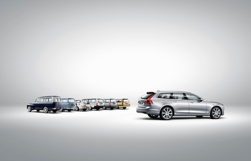 Volvo-Kombis (von links): Duett, Amazon, 1800 ES, 240 Turbo, 960, 850 T5-R und V90.