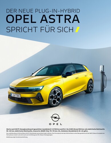 Werbeanzeige für den Opel Astra Hybrid.