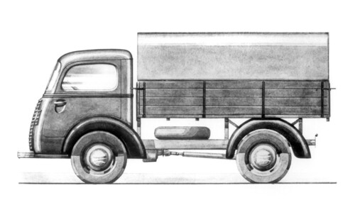 Zeichnung des Opel Blitz Lieferwagen 1,5-23 COE als Pritschenwagen (1937). 