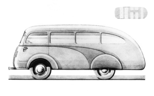Zeichnung eines Kleinbusses auf Basis der Opel Blitz Lieferwagen 1,5-23 COE (1937). 