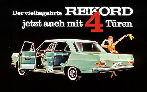 Zeitgenössische Werbung für den Opel Rekord A (1963–1965).