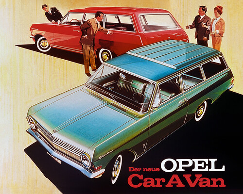Zeitgenössische Werbung für den Opel Rekord A Caravan (1963–1965).
