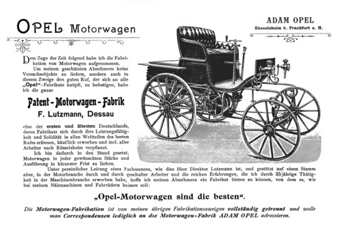 Zeitgenössische Zeitungsannonce für den Opel Patent-Motorwagen System Lutzmann. 
