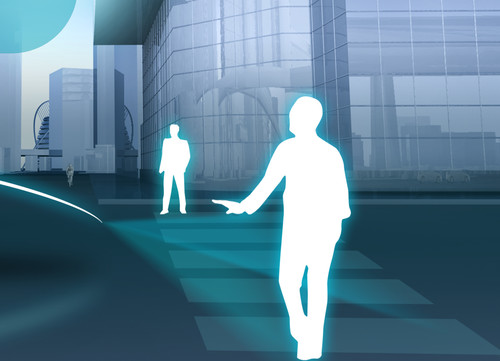 Zukunft des Autofahrens: Gesten-Kommunikation zwischen Fußgänger und Automobil.