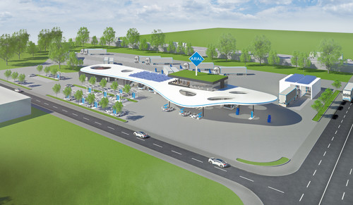 Zukunftsvision einer Autobahn-Tankstelle im Jahr 2040.