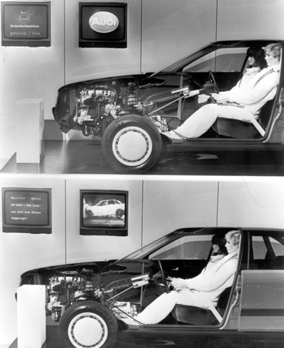Sicherheitssystem Procon-ten von Audi (1986): Bei einem Frontalaufprall wurden durch Verschieben des Motors in Richtung Innenraum das Lenkrad zurückgezogen und die vorderen Gurte gestrafft.