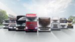 Das Markenportfolio von Daimler Truck (v.l.): Bharatbenz, Western Star, Setra, Mercedes-Benz, Freightliner, Fuso und Thomas Built Buses.